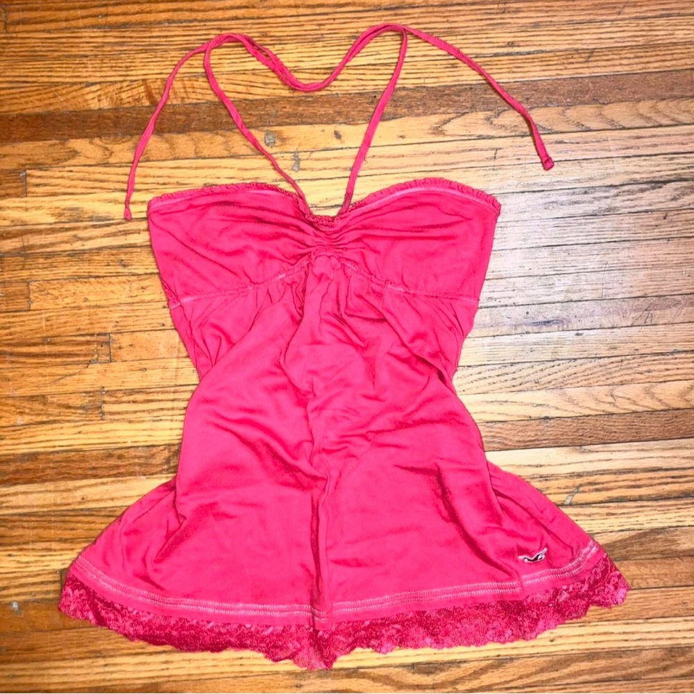 Y2K Hollister Hot Pink lace trimmed halter babydoll top with adjustable straps